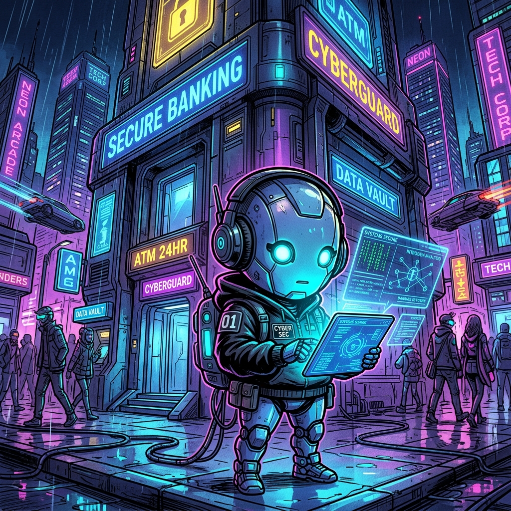 Robot investigator examining incident logs outside banking facility